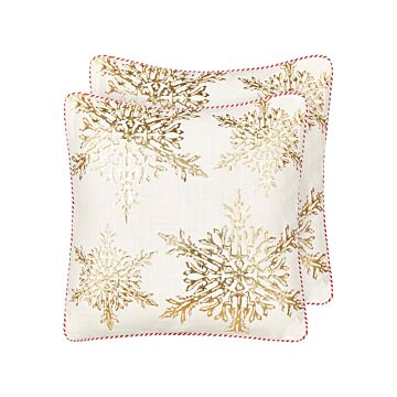 Set Of 2 Scatter Cushions White Gold Cotton 45 X 45 Cm Christmas Motif Snowflake Print Accessories Festive Decor Beliani