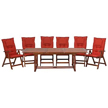 Garden Dining Set Light Acacia Wood Extending Table 6 Chairs With Red Cushions Adjustable Backrest Folding Rustic Style Beliani