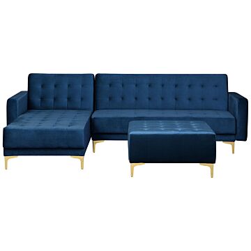 Corner Sofa Bed Navy Blue Velvet Tufted Fabric Modern L-shaped Modular 4 Seater With Ottoman Right Hand Chaise Longue Beliani