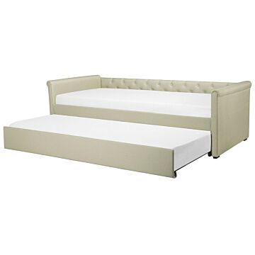 Trundle Bed Beige Fabric Upholstery Eu Small Single Size Guest Underbed Buttoned Beliani