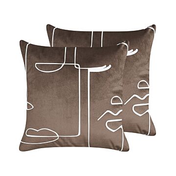 Set Of 2 Decorative Cushions Brown Velvet 45 X 45 Cm Face Motif Print Glamour Decor Accessories Beliani