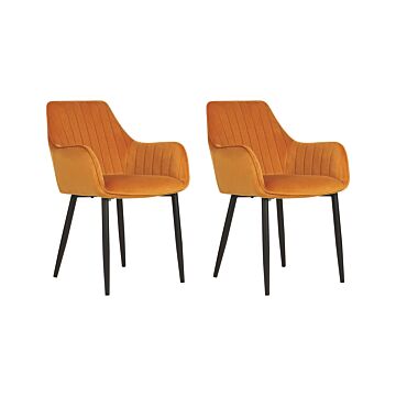 Set Of 2 Dining Chairs Orange Velvet Armrests Black Metal Legs Retro Glam Beliani