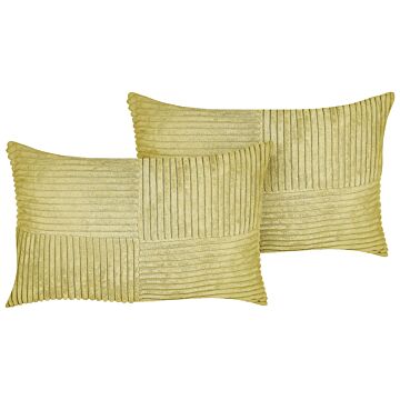 Set Of 2 Decorative Pillows Green Corduroy 47 X 27 Cm Striped Pattern Modern Design Throw Cushions Beliani