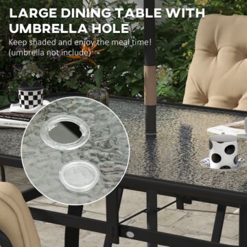 Outsunny 7 Piece Garden Dining Set, Outdoor Dining Table And 6 Cushioned Armchairs, Tempered Glass Top Table W/ Umbrella Hole, Texteline Seats, Beige
