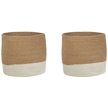 Set Of 2 Storage Baskets Jute And Cotton Beige And White Braided Laundry Hamper Fabric Bin Beliani