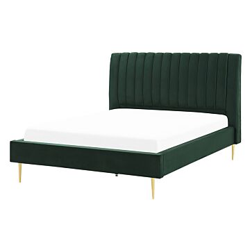 Eu Double Size Panel Bed 4ft6 Green Velvet Slatted Base High Headrest Vintage Beliani