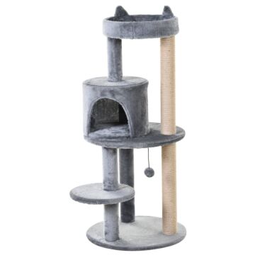 Pawhut 3-tier 104 Cm Cat Tree, Cat Condo Tree Tower, Deluxe Cat Activity Tree W/ Scratching Posts Play Ball Plush Fun Toy Relax Climb, Grey
