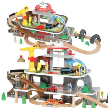 Aiyaplay 79 Piece Wooden Train Set, Kids Train Track Mine Themed With Crane, Helicopter