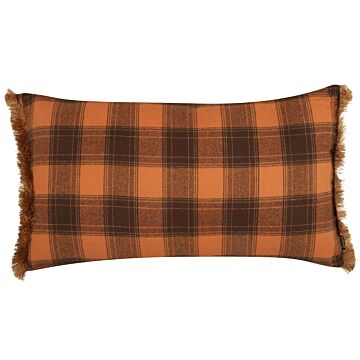 Decorative Cushion Orange And Black 40 X 70 Cm Chequered Pattern With Fringes Retro Décor Accessories Bedroom Living Room Beliani