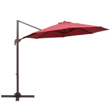 Outsunny 3m Cantilever Aluminium Frame 360 Rotation Hanging Parasol W/ Cross Base Wine Red