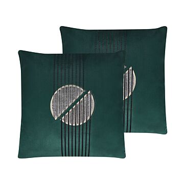 Set Of 2 Scatter Cushions Green Velvet 45 X 45 Cm Glamour Zipper Geometric Pattern Living Room Bedroom Beliani