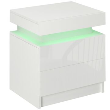 Homcom White Bedside Cabinets With Led Light, High Gloss Front Nightstand With 2 Drawers, For Living Room, Bedroom