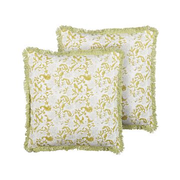 Set Of 2 Cotton Cushions Green And White 45 X 45 Cm Hand Block Print Removable Covers Zipper Country Traditional Style Beliani