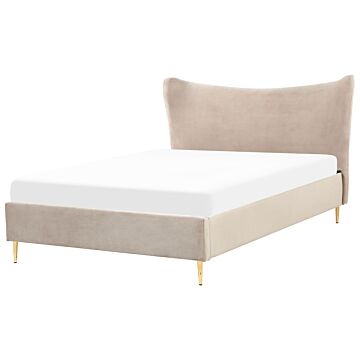 Eu Double Size Bed Taupe Velvet 4ft6 Upholstered Frame Metal Legs Slatted Base Headboard Modern Glam Style Bedroom Beliani