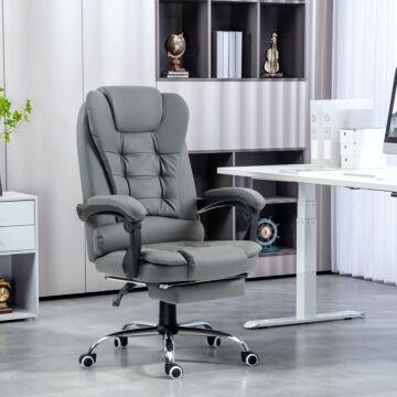 Homcom Executive Office Chair, Pu Leather Home Office Chair With Swivel Wheels, Reclining Backrest, Retractable Footrest, Grey