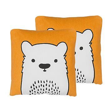 Set Of 2 Kids Cushions Orange Fabric Bear Image Pillow With Filling Soft Children's Toy Beliani