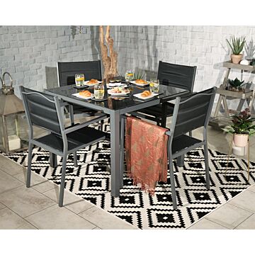 Sorrento 4 Seater Set - 90cm Black Glass Table, 4 X Padded Chairs Including Parasol
