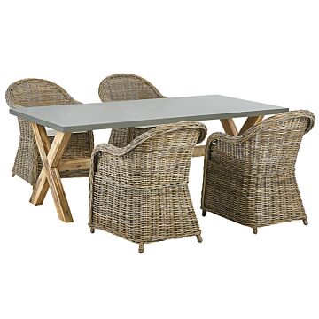 Garden Dining Set Natural Concrete Table 4 Rattan Wicker Chairs With Cotton Cushions Beliani