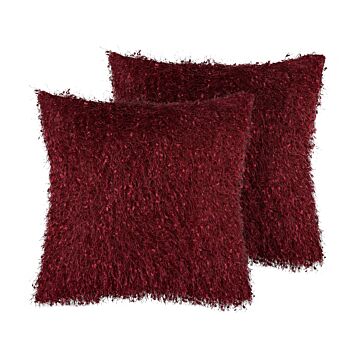 Set Of 2 Decorative Cushions Red Shaggy 45 X 45 Cm Modern Glamour Decor Accessories Beliani