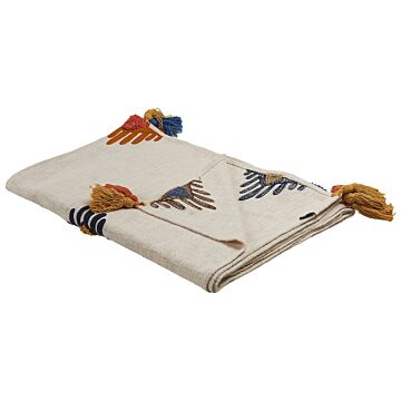 Blanket Beige And Orange Cotton 130 X 180 Cm Handmade Embrioidery Bed Throw Cosy Geometricpattern With Tassels Beliani