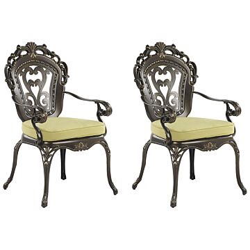 Set Of 2 Garden Dining Chairs Brown Aluminium Polyester Seat Pads Vintage Beliani