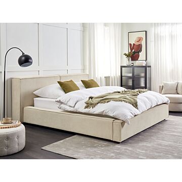 Eu King Size Bed Beige Corduroy Upholstery 5ft3 Slatted Base With Thick Padded Headboard Footboard Beliani