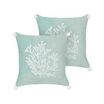 Set Of 2 Scatter Cushion Mint Green Velvet 45 X 45 Cm Marine Coral Motif Square Polyester Filling Home Accessories Beliani