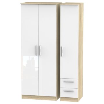 Contrast Tall Triple Plain + Drawer Wardrobe In White & Bardolino Oak