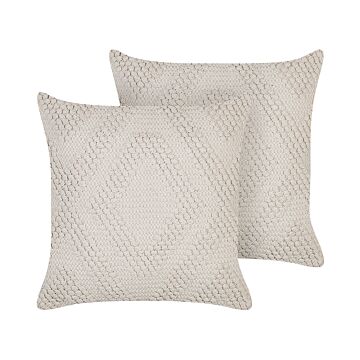 Set Of 2 Decorative Pillows Off-white Cotton 45 X 45 Cm Diamond Geometric Pattern Boho Design Throw Cushions