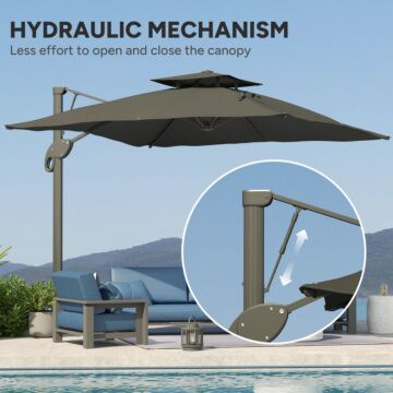 Outsunny Garden Parasol, 3(m) Cantilever Parasol With Hydraulic Mechanism, Dual Vented Top, 8 Ribs, Cross Base, Grey