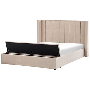 Eu Super King Size Panel Bed Beige Velvet 6ft Slatted Base High Headrest With Storage Bench Beliani