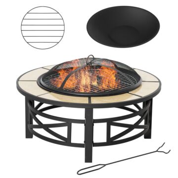 Outsunny Metal Large Fire Pit, Outdoor Firepit Bowl With Grill, Spark Screen Cover, Fire Poker For Garden, Bonfire, Patio, 84 X 84 X 52cm, Black