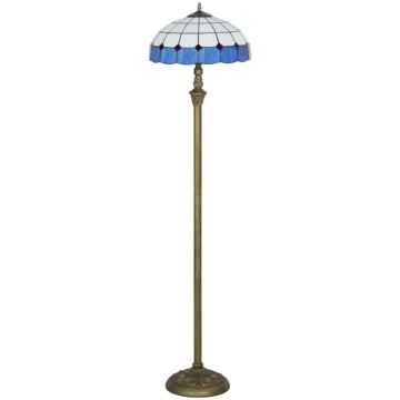 Homcom Tiffany-style Floor Lamp With Handcrafted Stained Glass Shade, 152cm Tall Vintage Standing Lamp With Foot Switch And Dual Sockets For Living Room Bedroom, Bronze Tone And Blue