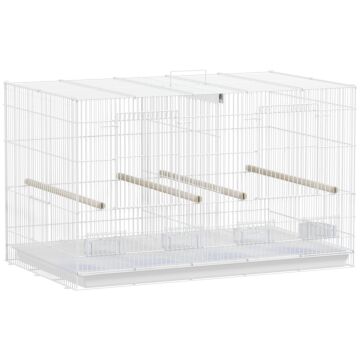 Pawhut Bird Cage With Divider, 4 Wooden Perches, Slide Out Tray, 4 Feeders, For Budgie, Lovebird, Canary, 76 X 46 X 46cm, White