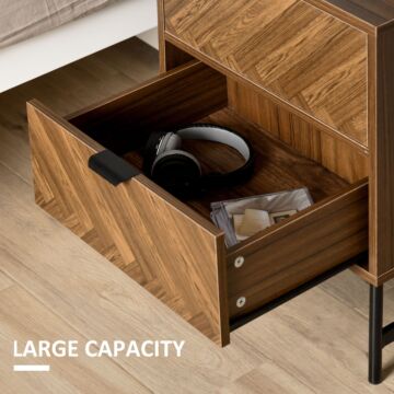 Homcom Side Cabinet Home Organizer With 2 Storage Drawer Unit, Hidden Handle, Herringbone Pattern, Walnut Brown