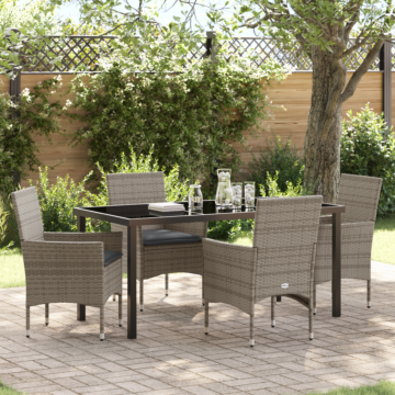 Vidaxl 5 Piece Garden Dining Set With Cushions Grey Poly Rattan, Vidaxl Garden Table Black 160x80x73 Cm Tempered Glass