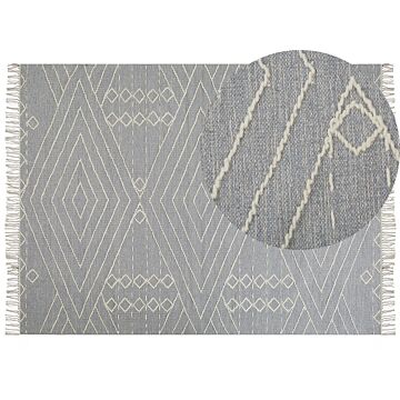 Rug Off-white Grey Cotton Wool 160 X 230 Cm Geometric Pattern Runes Tribal Tassels Oriental Beliani
