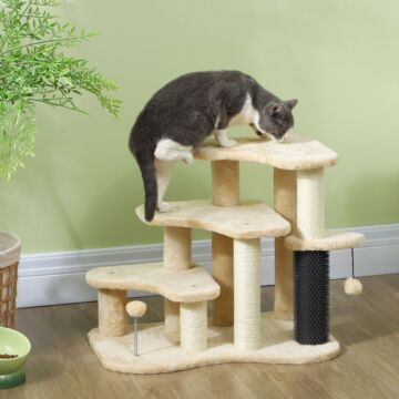 Pawhut Cat Tree 2 In 1 Pet Stairs W/ Scratching Tickling Post, Toy Balls, For Bed, Sofa, Couch, Beige