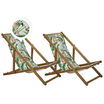 Set Of 2 Garden Deck Chairs Light Acacia Wood Frame Flamingo Pattern Replacement Fabric Hammock Seat Reclining Folding Sun Lounger Beliani