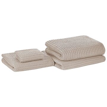 Set Of 4 Towels Beige Cotton Zero Twist Guest Hand Bath Towels And Bath Mat Beliani