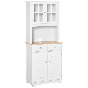 Homcom Modern Kitchen Cupboard, Louvered Kitchen Storage Cabinet With Framed Glass Doors And 2 Drawers, White