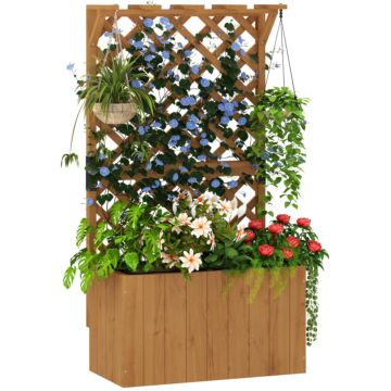 Outsunny Wooden Planter With Trellis, Freestanding Raised Garden Bed With Drainage Holes, Outdoor Planter Box With Liner For Vegetables, Herbs And Flowers, Natural