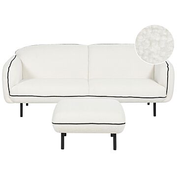 3 Seater Sofa With Ottoman White Boucle Fabric Soft Nubby Metal Legs Black Decorative Edging Retro Glam Art Decor Style Beliani