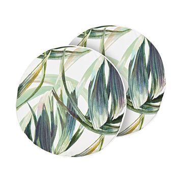 Set Of 2 Garden Cushions Green And White Polyester Leaf Pattern ⌀ 40 Cm Modern Outdoor Decoration Water Resistant Beliani