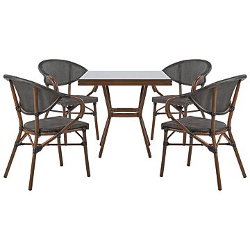 4 Seater Garden Dining Set Dark Wood Aluminium Frame Square Table And Grey Stacking Chairs Beliani