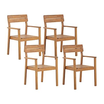 Set Of 4 Garden Chairs Light Acacia Wood Outdoor With Armrests Rustic Style Beliani