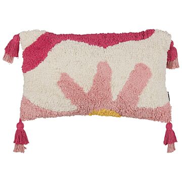 Tufted Scatter Cushion Pink And White Cotton 30 X 50 Cm Flower Motif With Tassels Boho Decor Accessories Beliani
