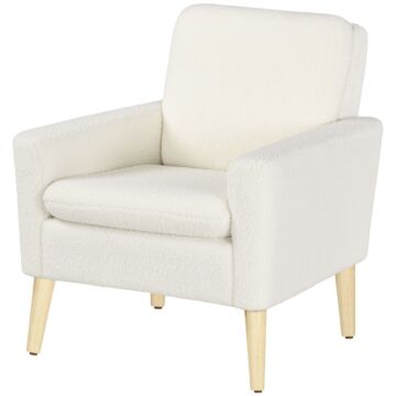 Homcom Modern Armchair, Upholstered Accent Chair With Wood Legs And Wide Padded Seat, Teddy Occasional Chair, Cream White