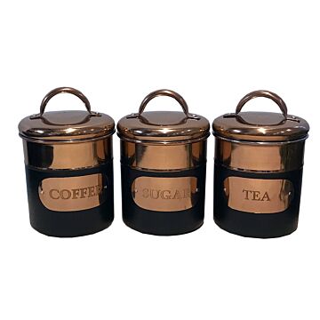 Set Of 3 Black & Copper Tea, Sugar & Coffee Tins