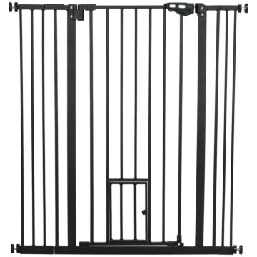 Pawhut Extra Tall Pet Gate, Indoor Dog Safety Gate, With Cat Flap, Auto Close, 74-101cm Wide - Black
